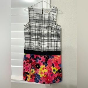 ann taylor loft black & white patterned dress w/ multicolor floral bottom skirt